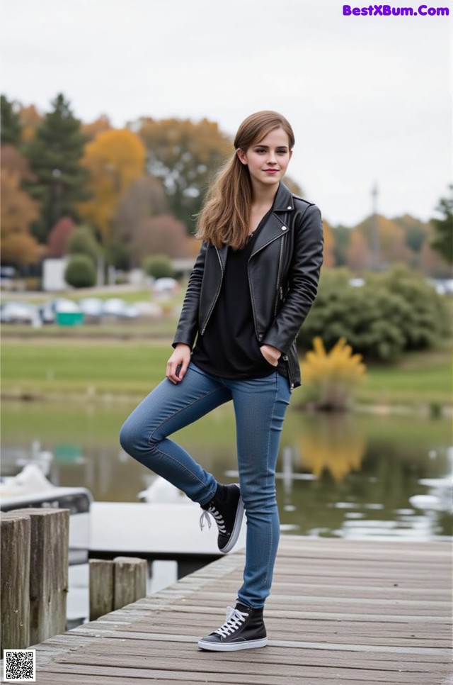 A woman in a black jacket and jeans standing on a dock.