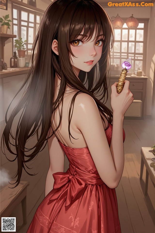 A girl in a red dress holding a flower in her hand.