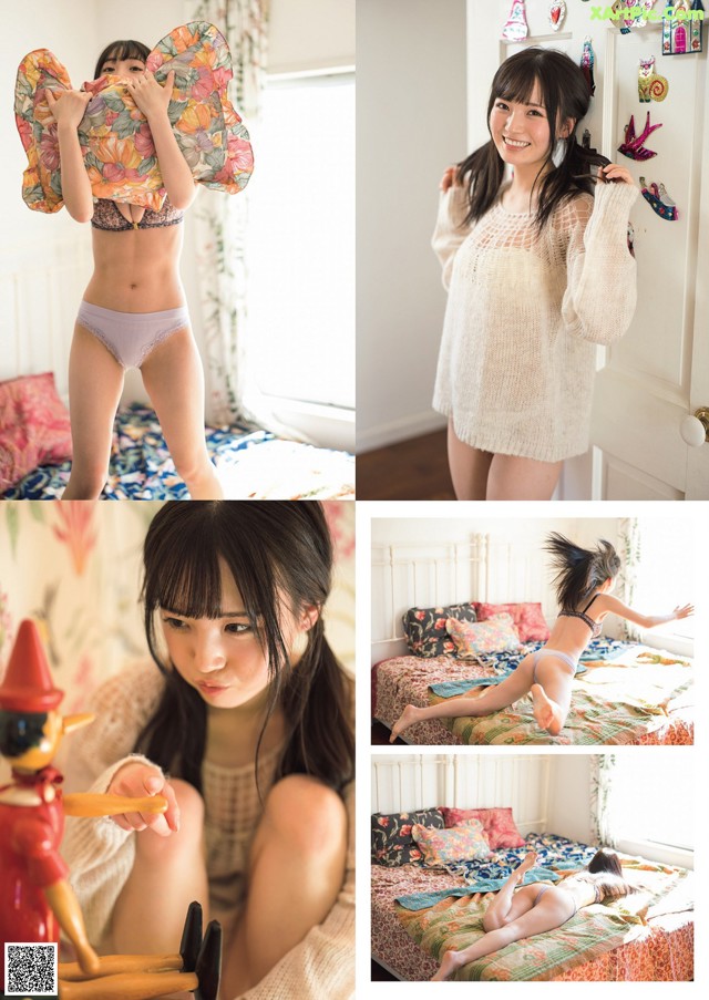 A collage of photos of a woman in underwear and a doll.