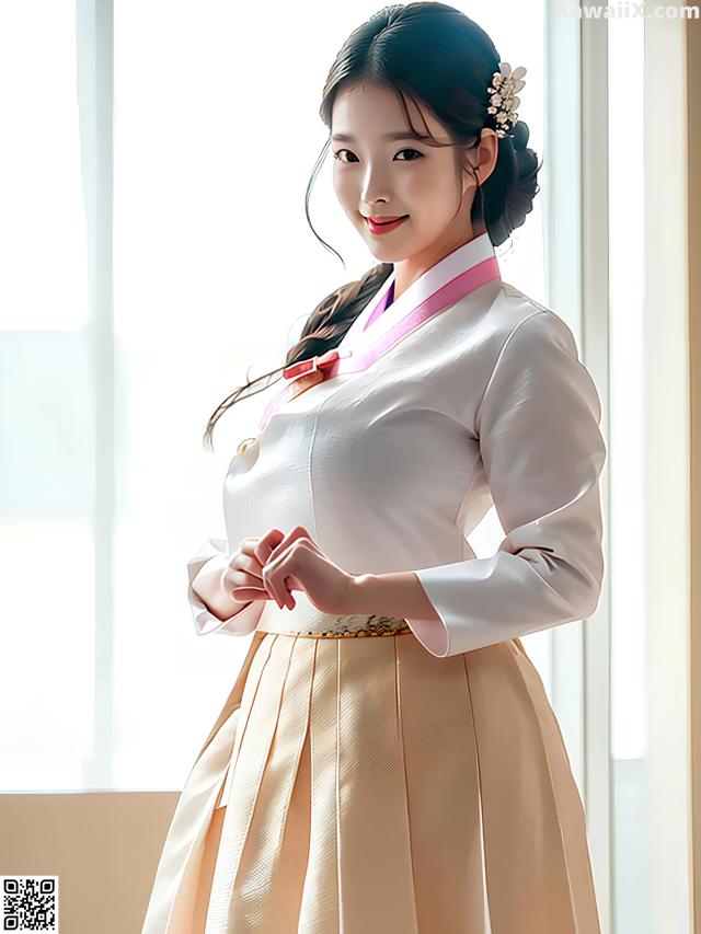 A woman in a white and pink hanbok standing by a window.