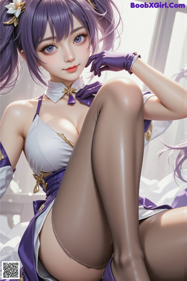 A woman in a purple and white outfit sitting on a bed.