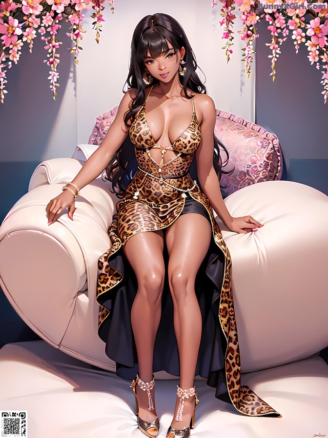 A woman in a leopard print dress sitting on a couch.