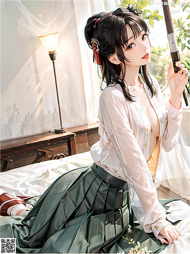 A woman sitting on a bed holding a gun.