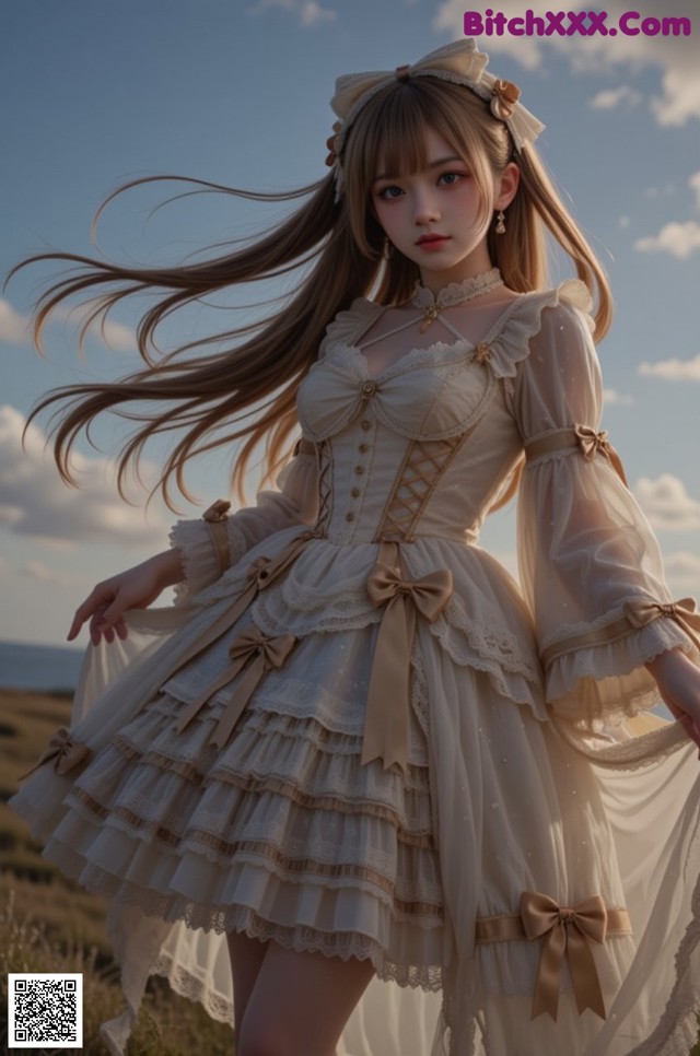 A woman in a white dress standing in a field.