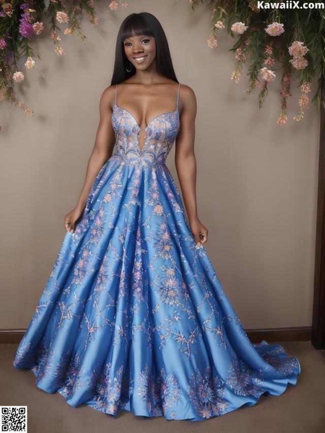 A woman in a blue dress standing in front of a floral wall.