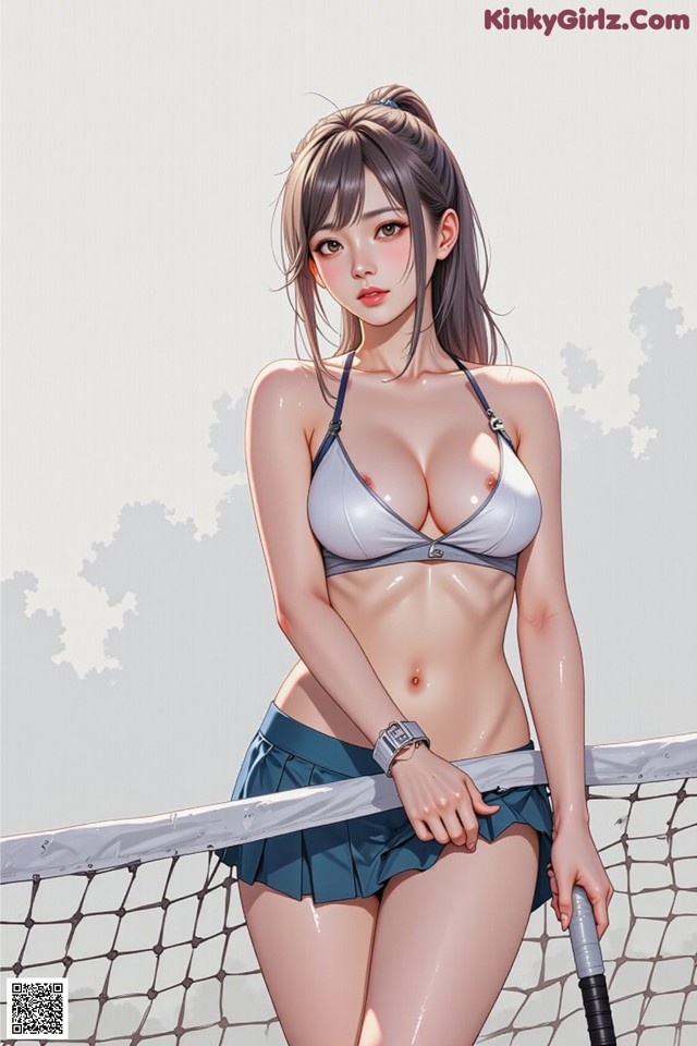 A woman in a bikini holding a tennis racket.