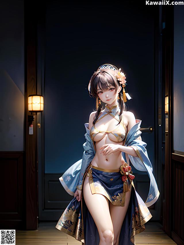 A woman in a blue and gold outfit standing in a hallway.